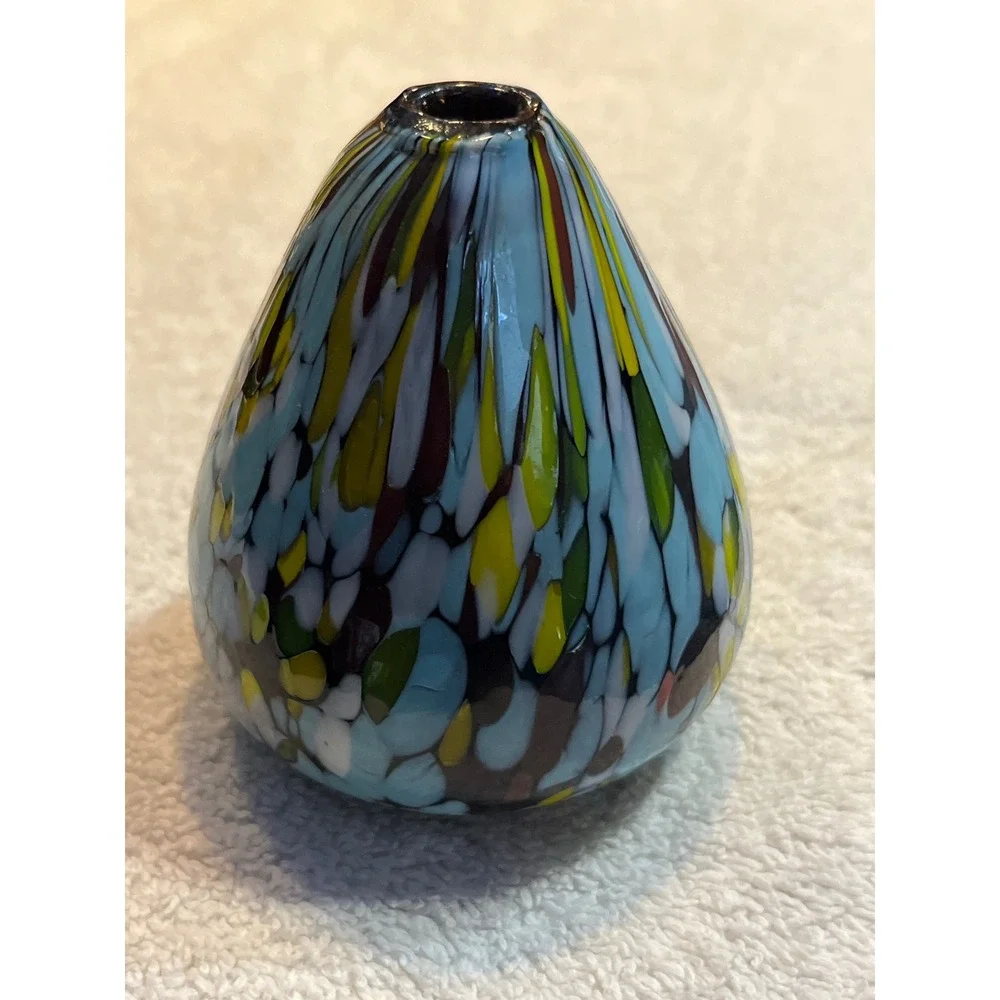 Pearlessence Hand Blown Glass Bud Vase Blue Yellow Confetti Splatter Art Glass